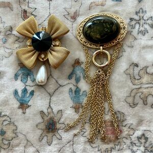 Vintage Gold and Black Brooch Duo Victorian Revival